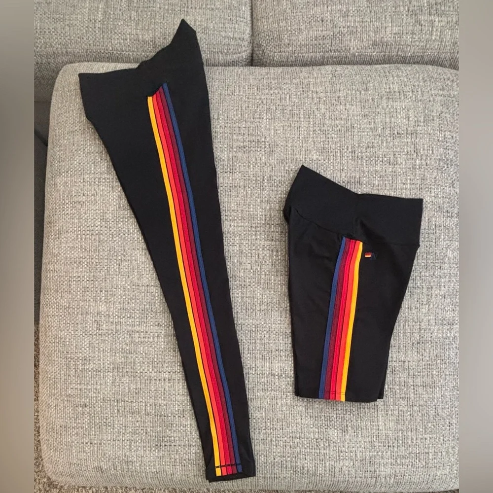 Aviator Nation 🌈 Black Rainbow Stripe Leggings & NWT Biker Shorts Size XS - Picture 4 of 14